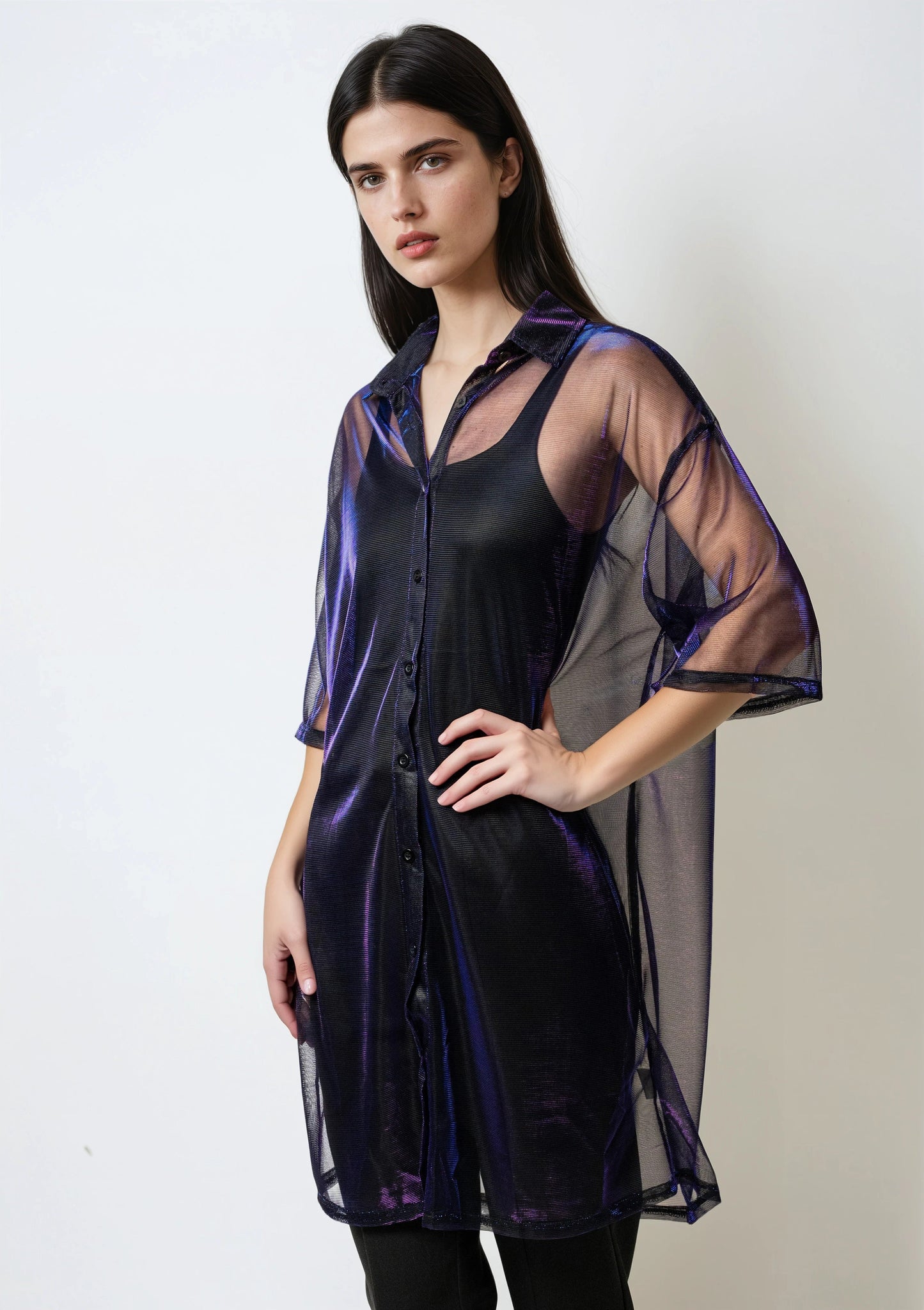 Sheer Metallic Button Up