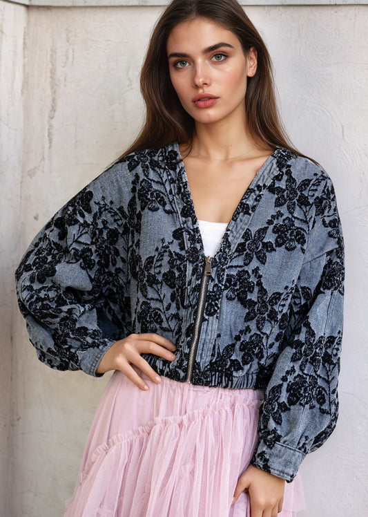 Cropped Floral Denim Jacket