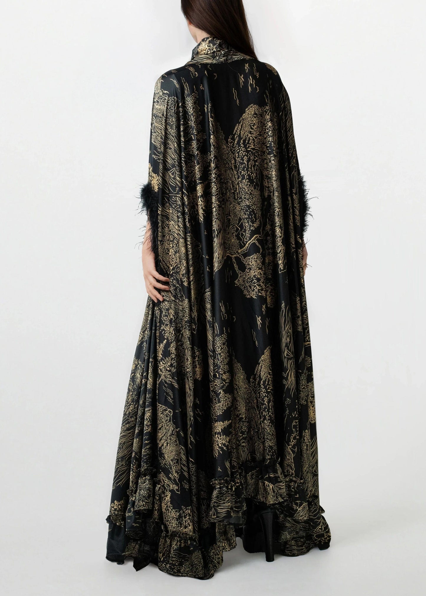 Feather Cuff Cape Maxi Dress