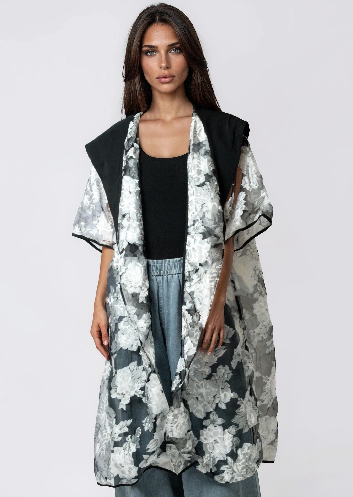 Hooded Sheer Floral Layering Piece