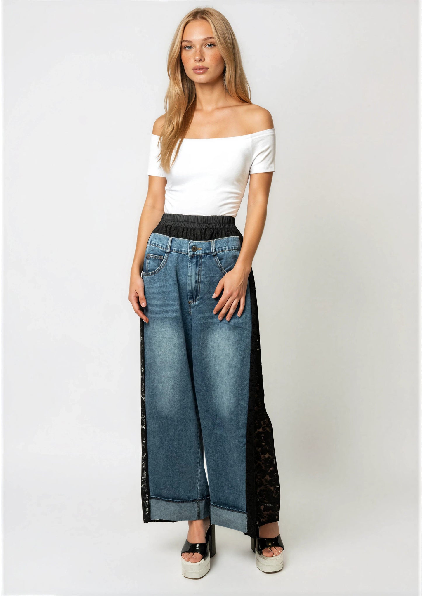 Lace + Denim Contrast Pant