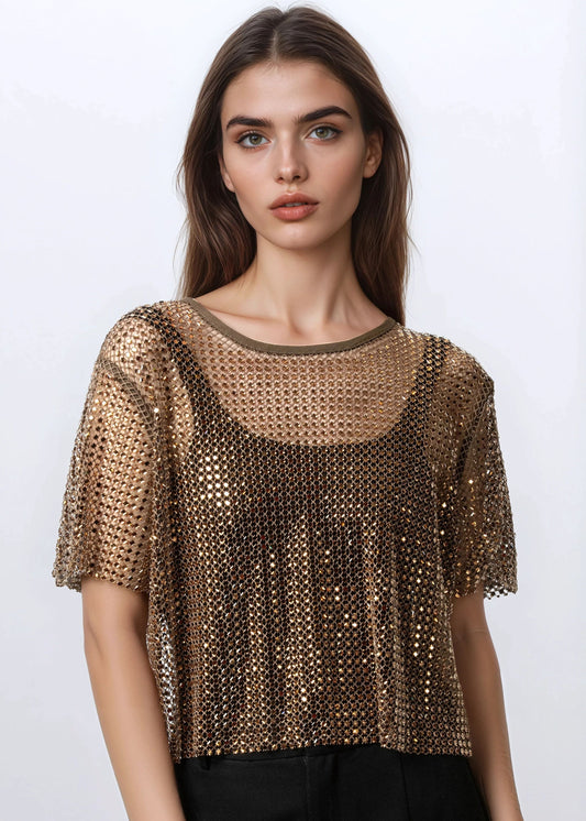 Rhinestone Fishnet Cropped Tee