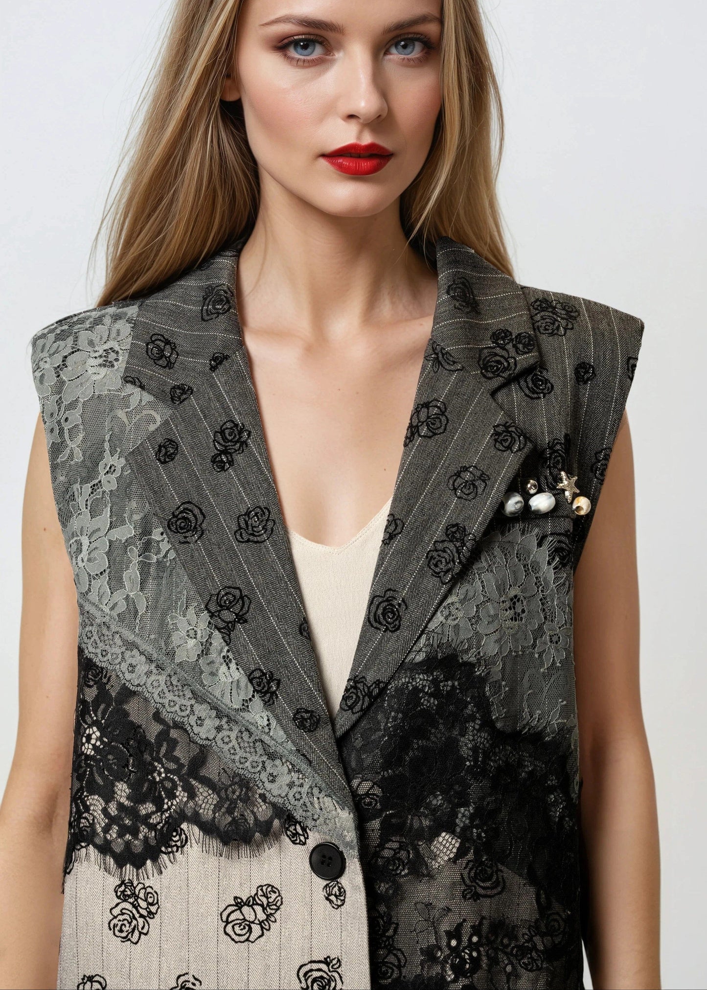 Rose Print Lace Patchwork Vest