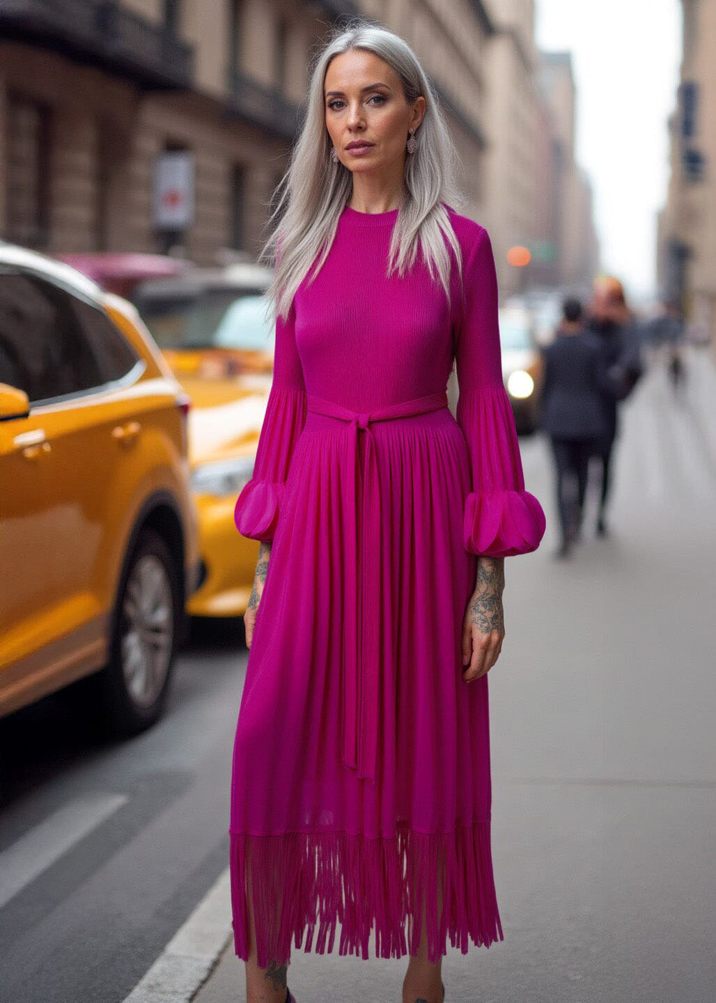 Tassel Hem Belted Pleated Dress