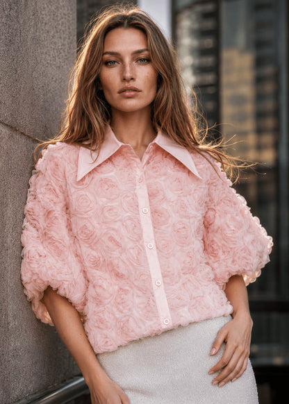 Textured Rose Button Up Blouse