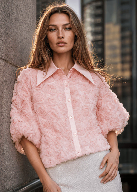 Textured Rose Button Up Blouse