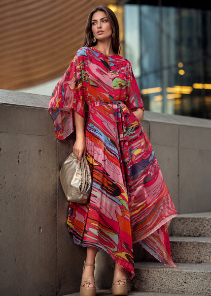 Pop Art Belted Pleated Dress