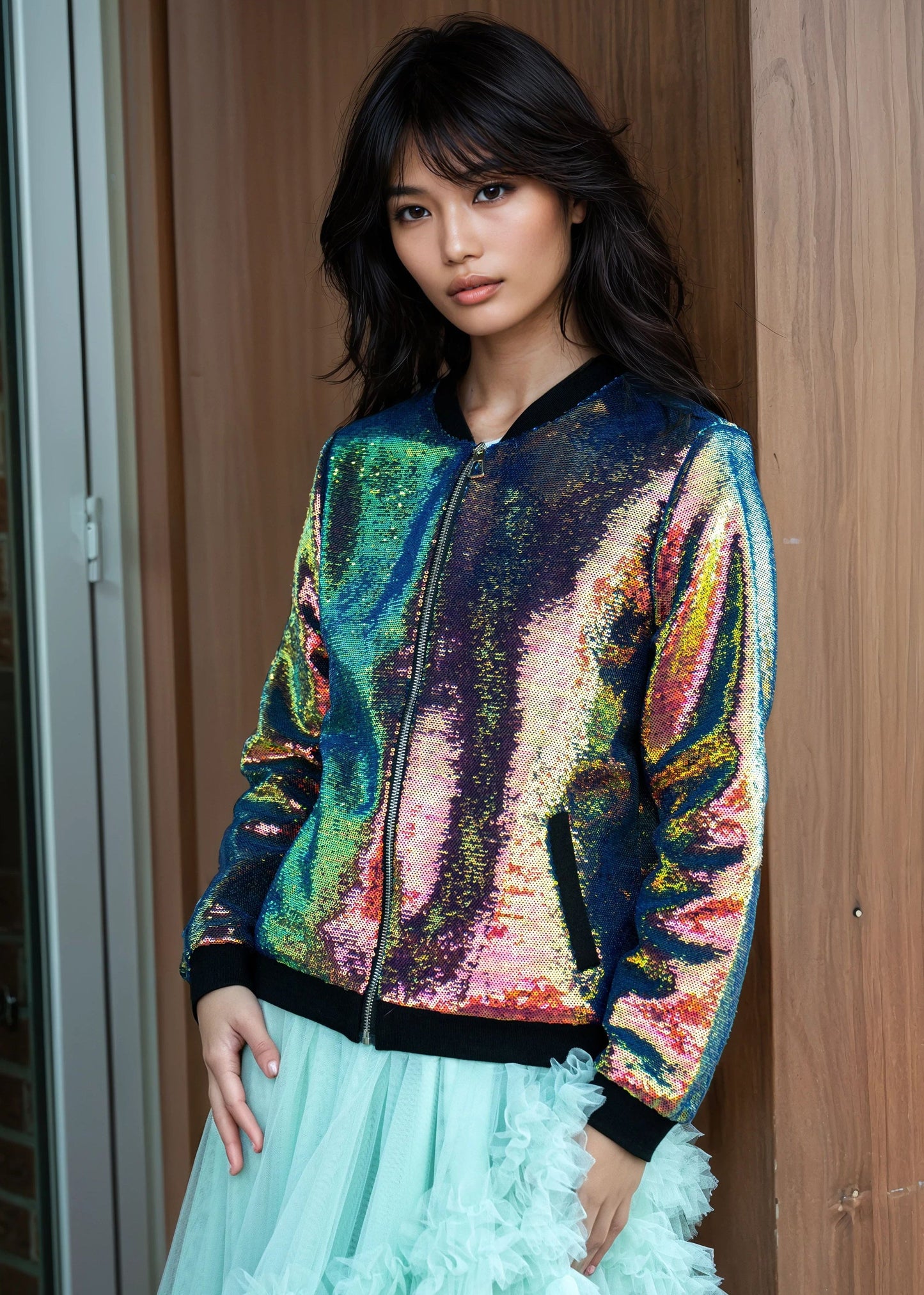 Iridescent Sequin Bomber