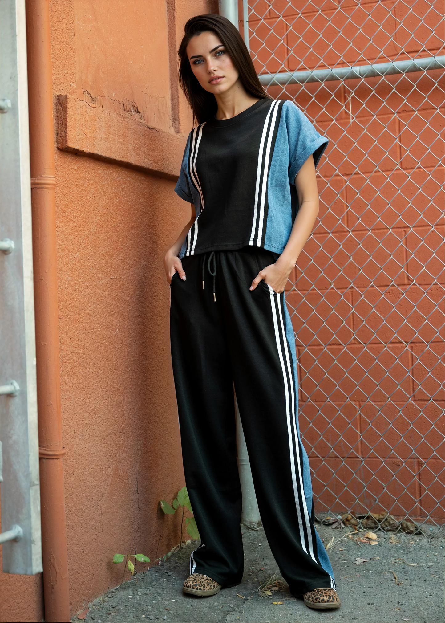 Denim Contrast Stripe Athleisure Set