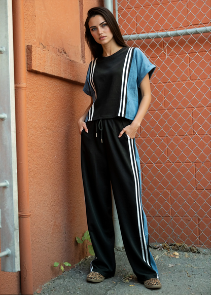 Denim Contrast Stripe Athleisure Set