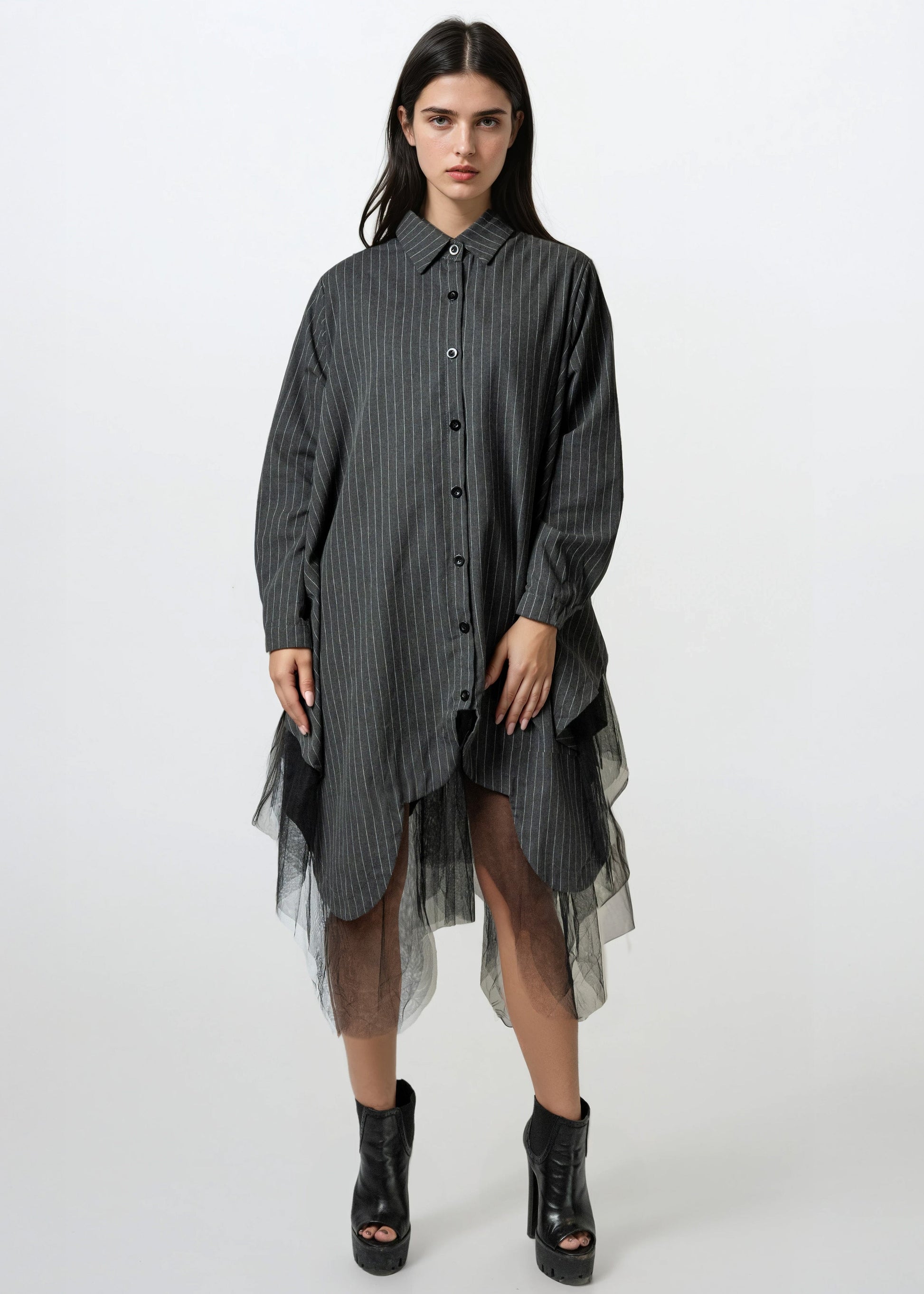 Pinstripe Tulle Hem Button Up