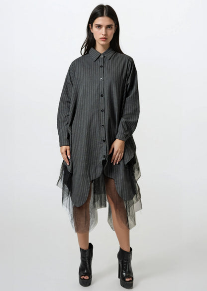 Pinstripe Tulle Hem Button Up