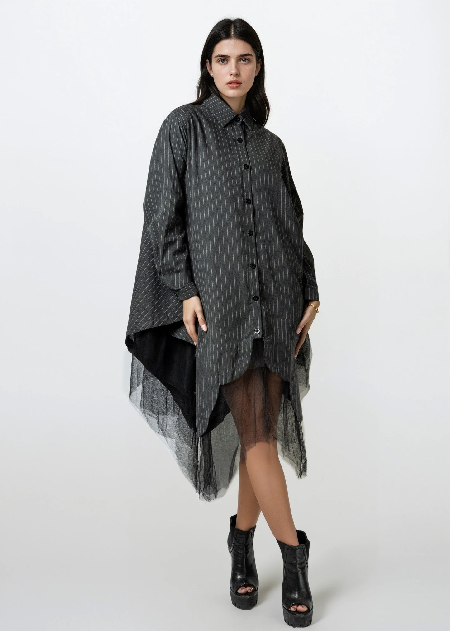 Pinstripe Tulle Hem Button Up