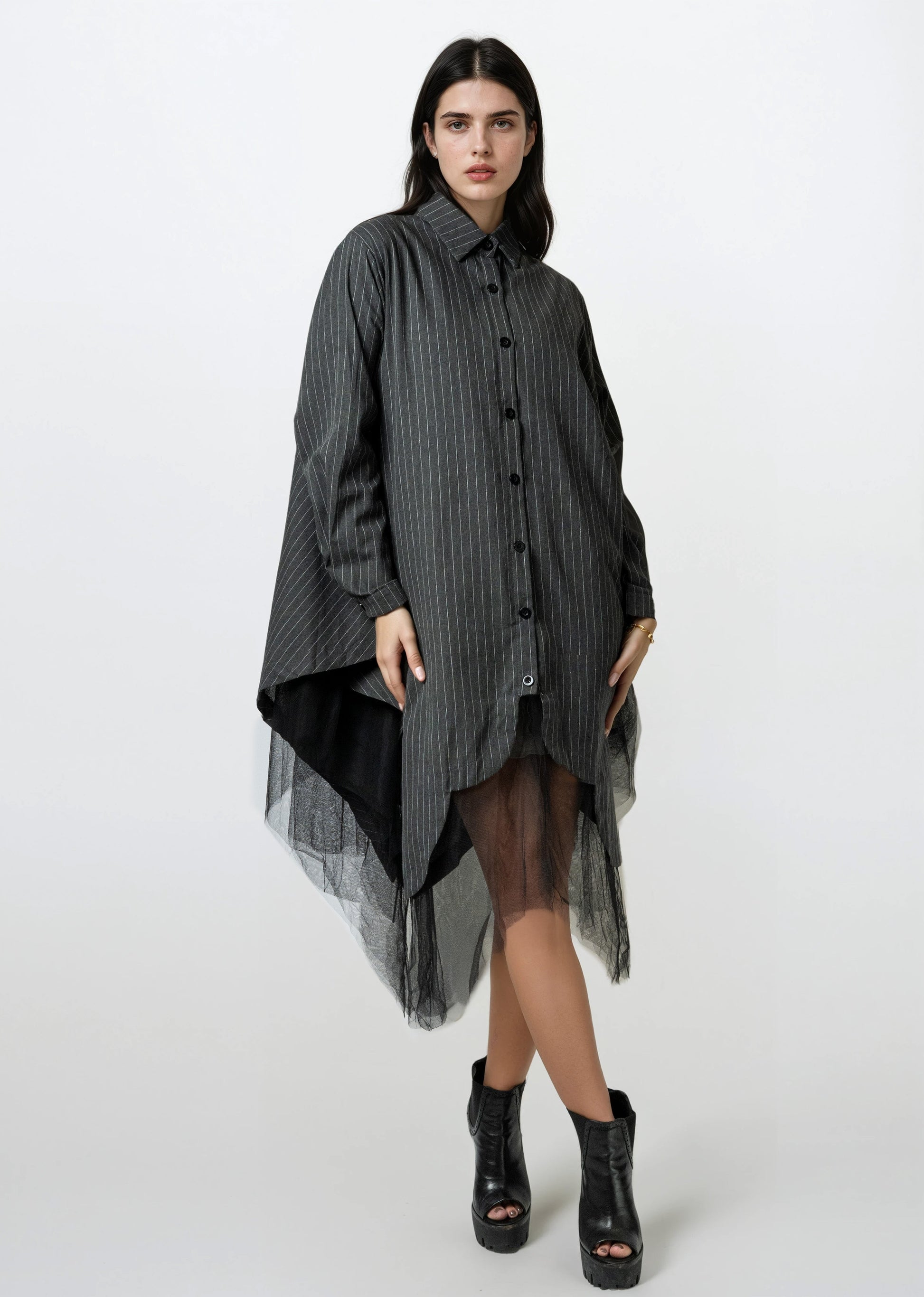 Pinstripe Tulle Hem Button Up