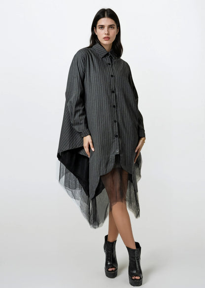 Pinstripe Tulle Hem Button Up