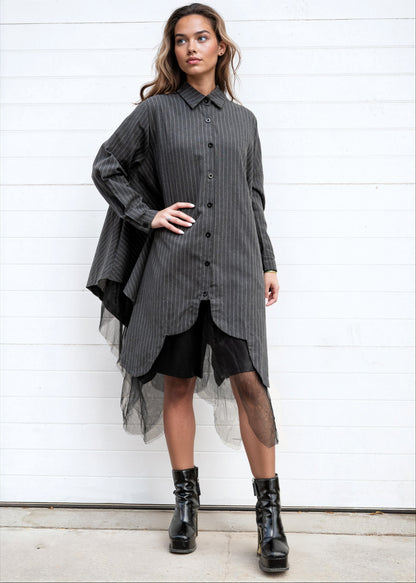 Pinstripe Tulle Hem Button Up