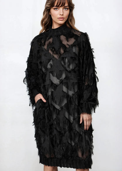 Mock Neck Faux Feather Dress