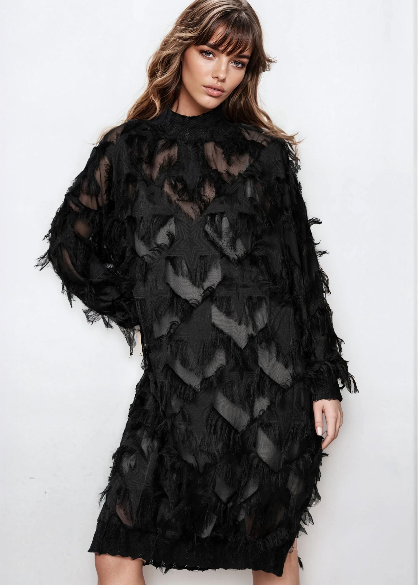 Mock Neck Faux Feather Dress