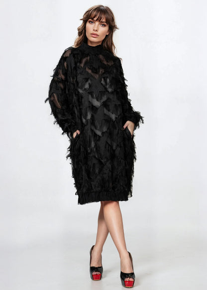 Mock Neck Faux Feather Dress