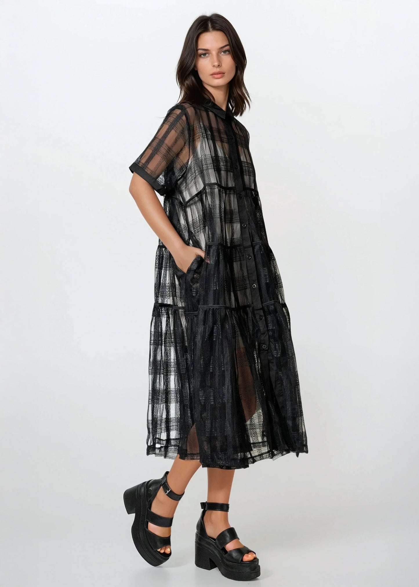 Sheer Textured Shirt Dress