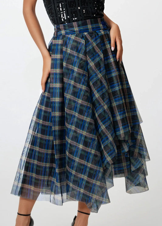 Asymmetrical Plaid Tulle Skirt
