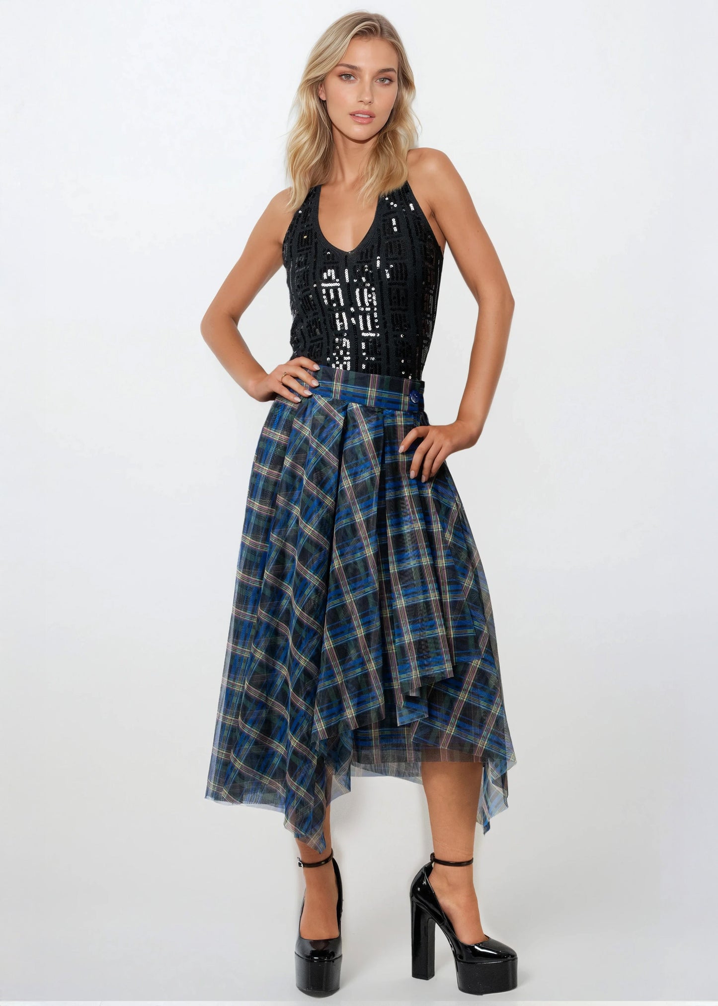 Asymmetrical Plaid Tulle Skirt