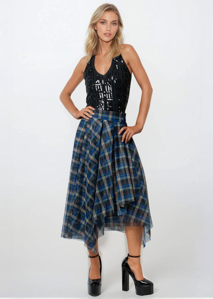 Asymmetrical Plaid Tulle Skirt