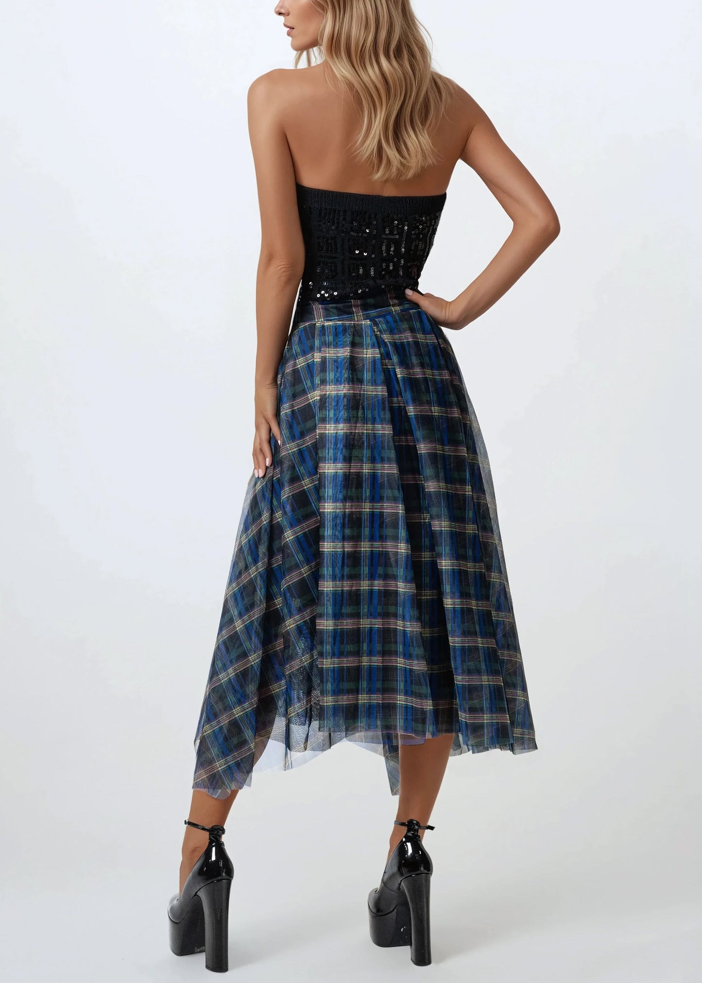 Asymmetrical Plaid Tulle Skirt