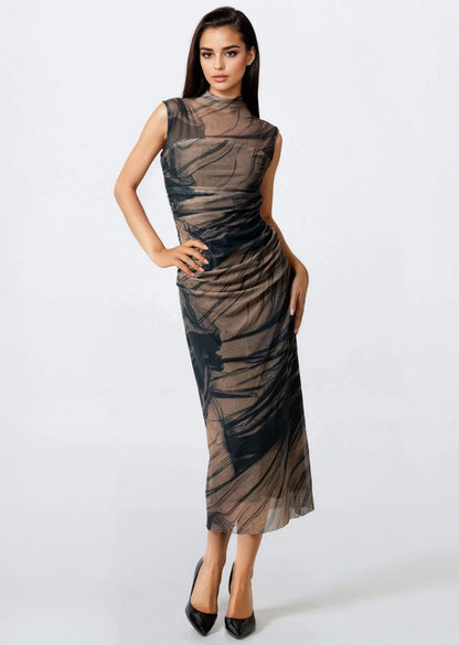 Abstract Print Mesh Bodycon Dress