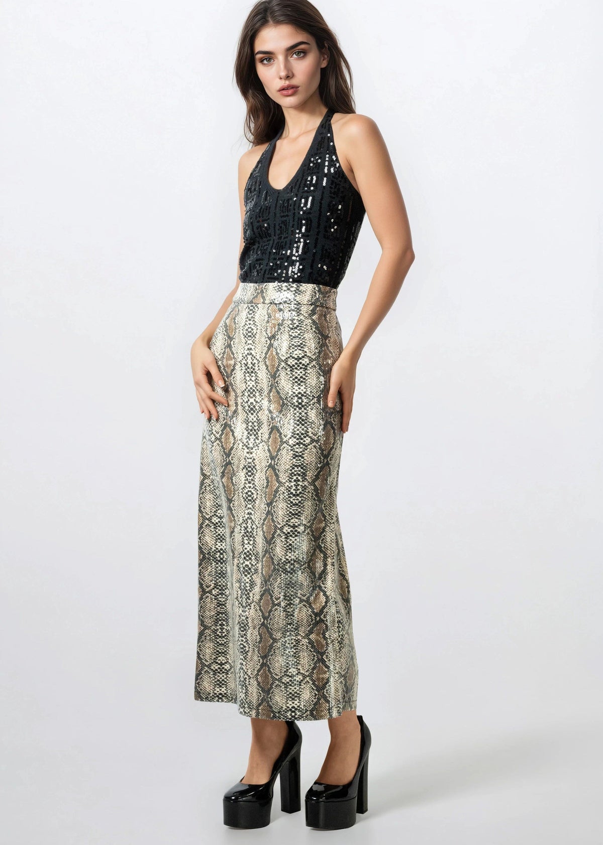 Animal Print Sequin Pencil Skirt