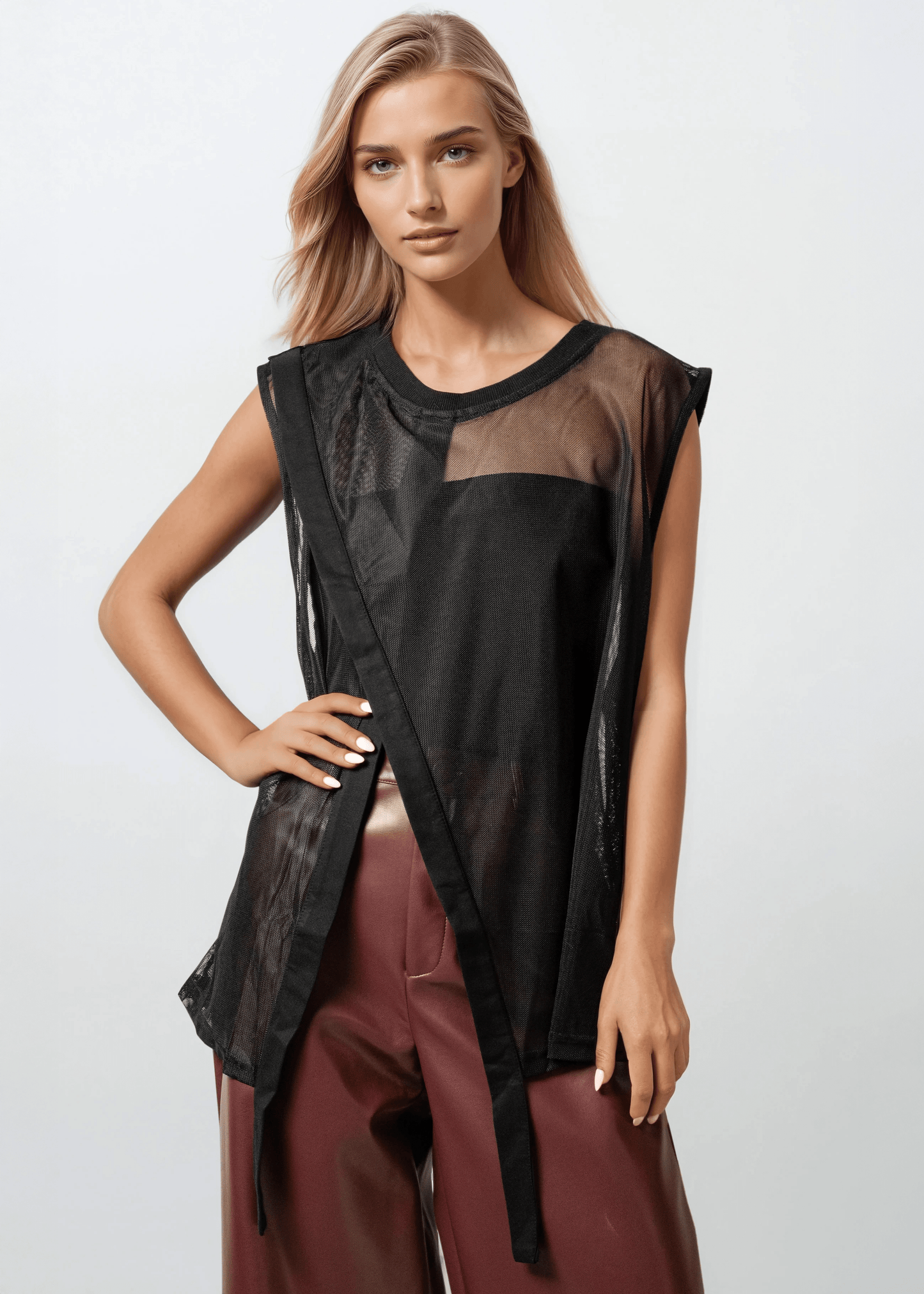 Asymmetrical Mesh Overlay Tank Top