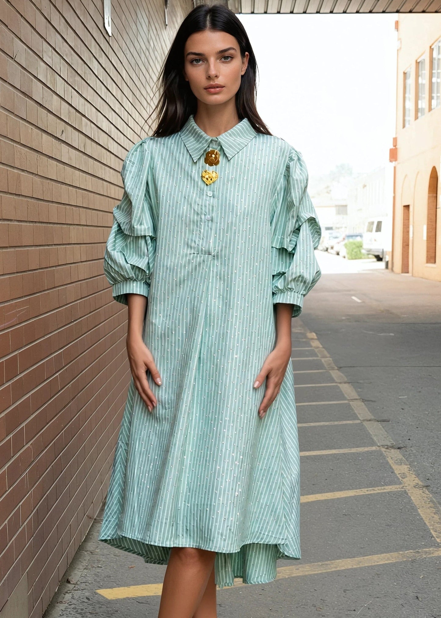 Balloon Sleeve Striped Shirt Dress