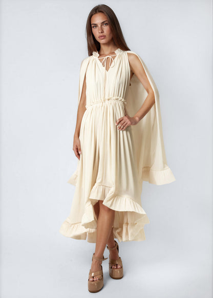 Boho Tie Neck Ruffle Midi Dress