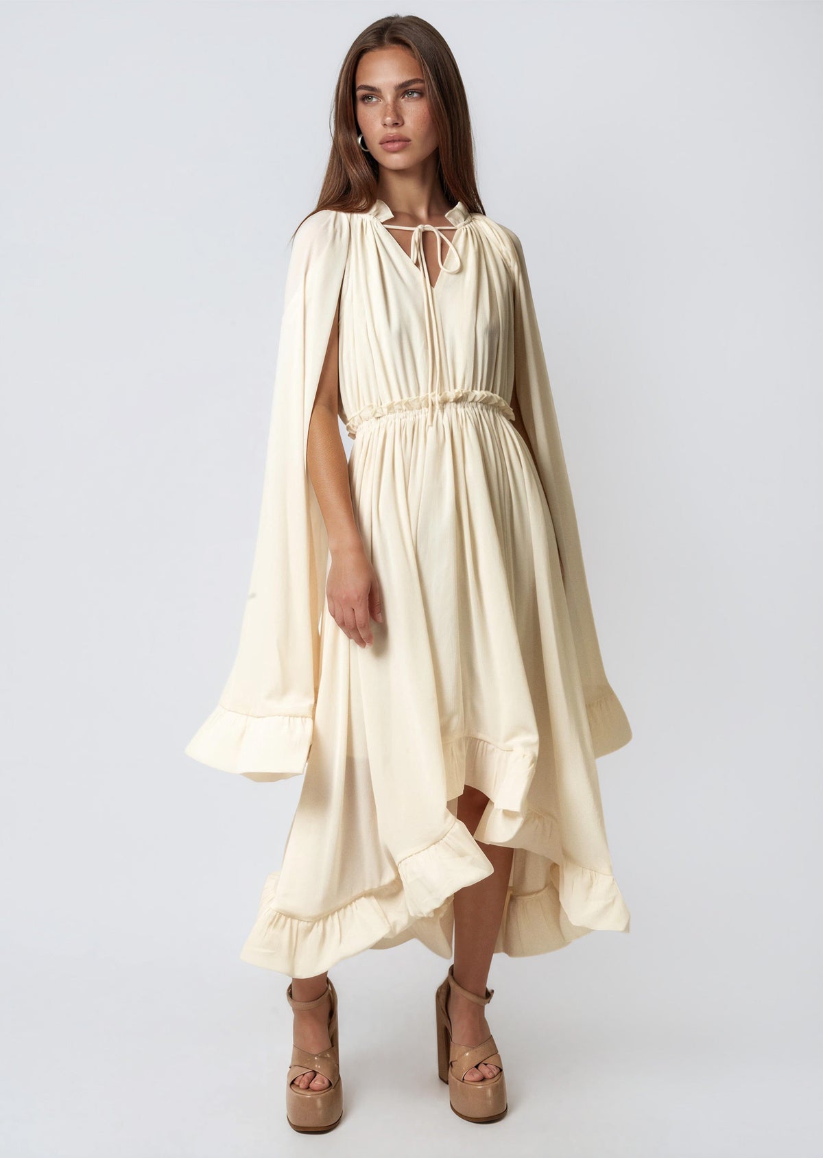 Boho Tie Neck Ruffle Midi Dress