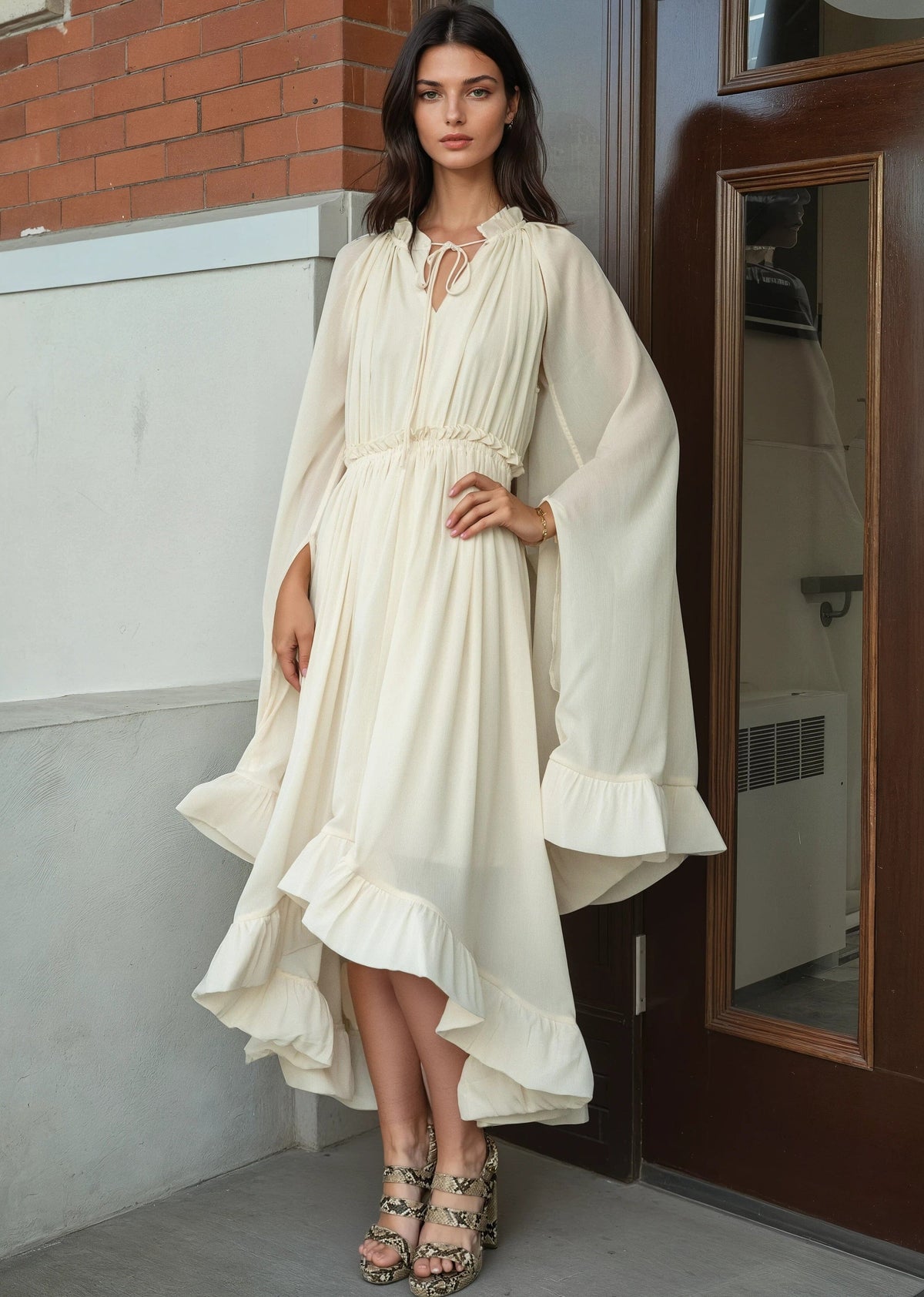 Boho Tie Neck Ruffle Midi Dress
