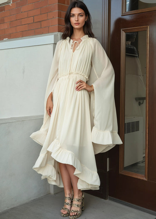 Boho Tie Neck Ruffle Midi Dress