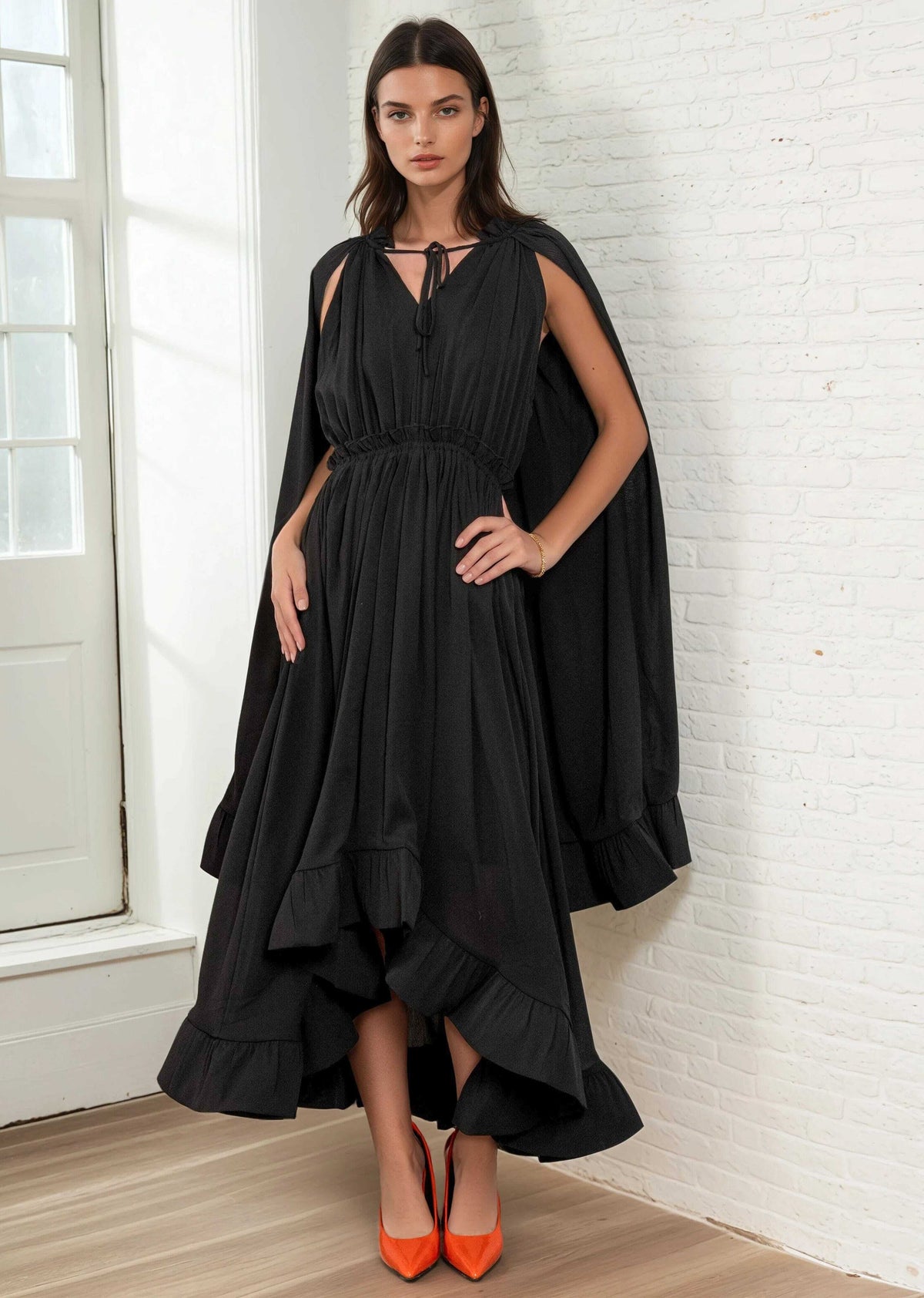 Boho Tie Neck Ruffle Midi Dress