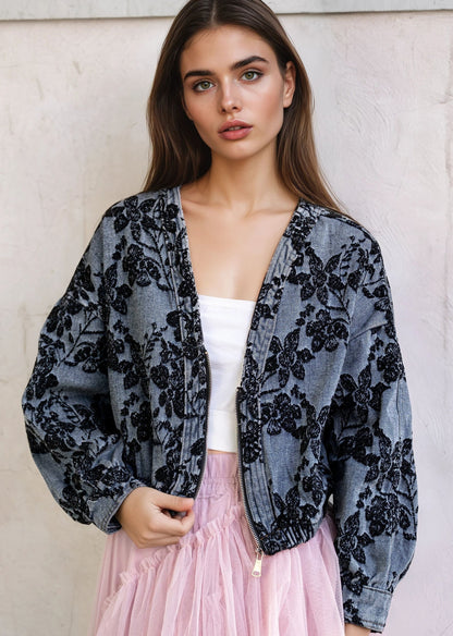 Cropped Floral Denim Jacket