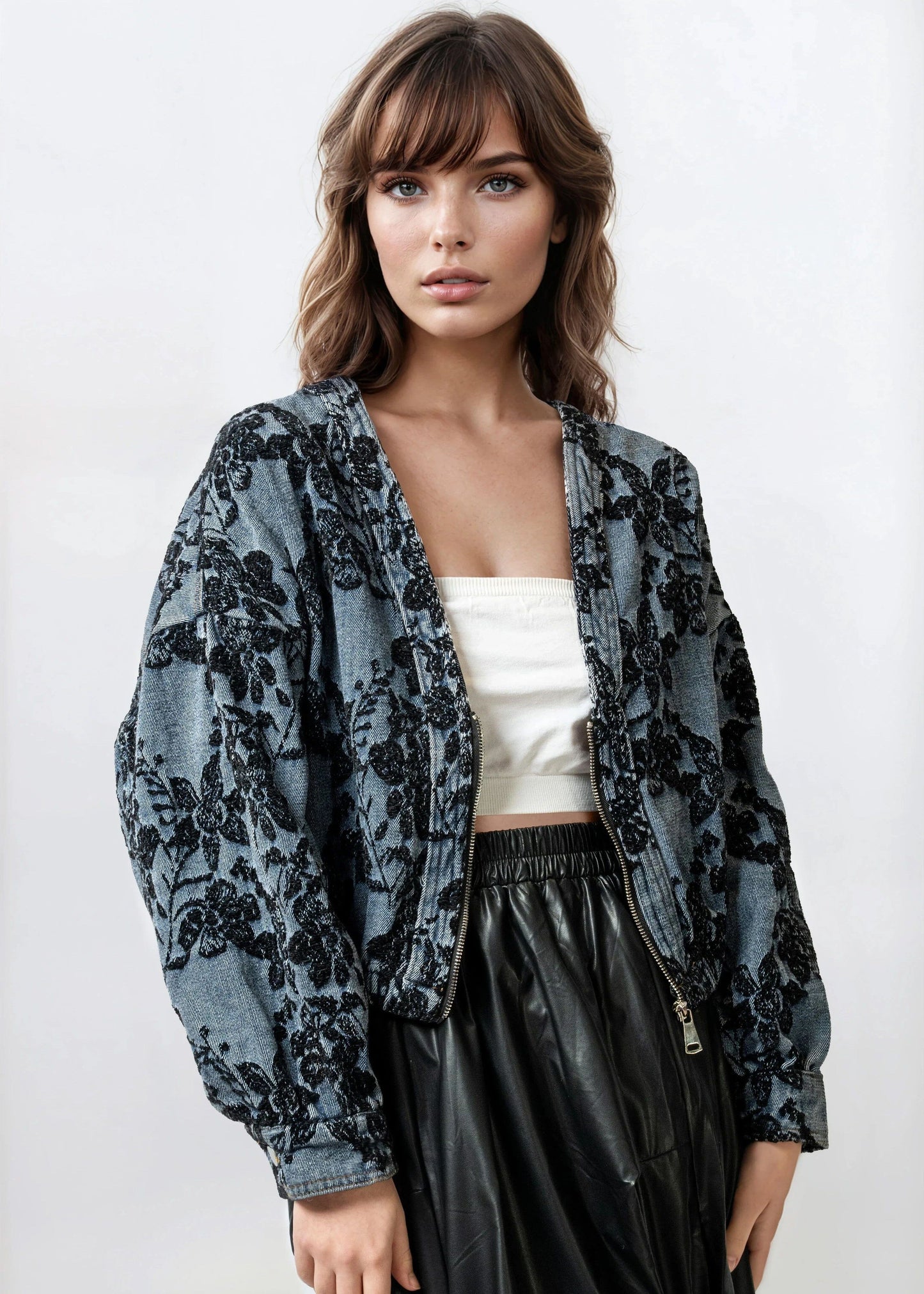 Cropped Floral Denim Jacket