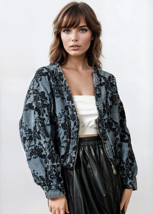 Cropped Floral Denim Jacket