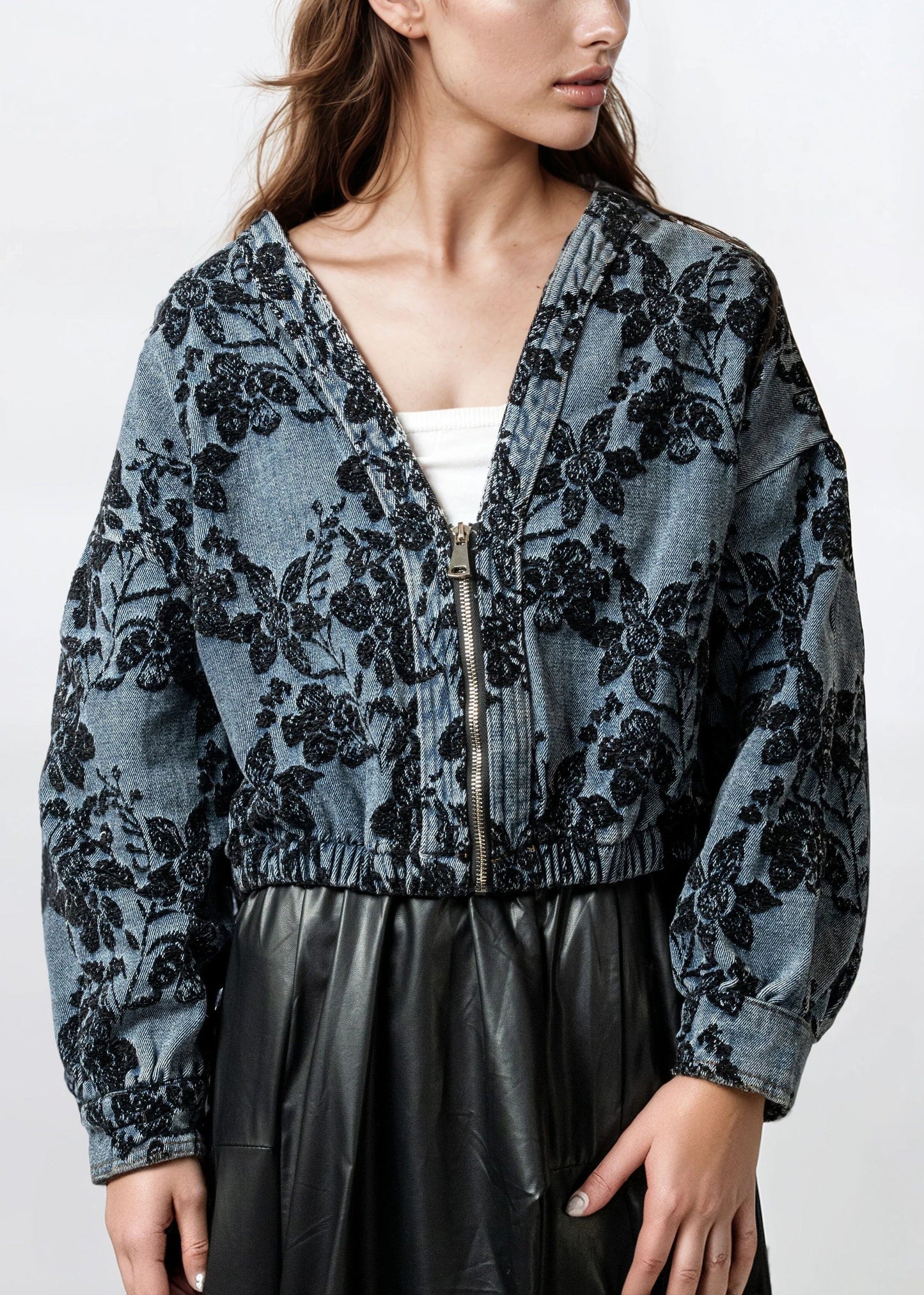 Cropped Floral Denim Jacket