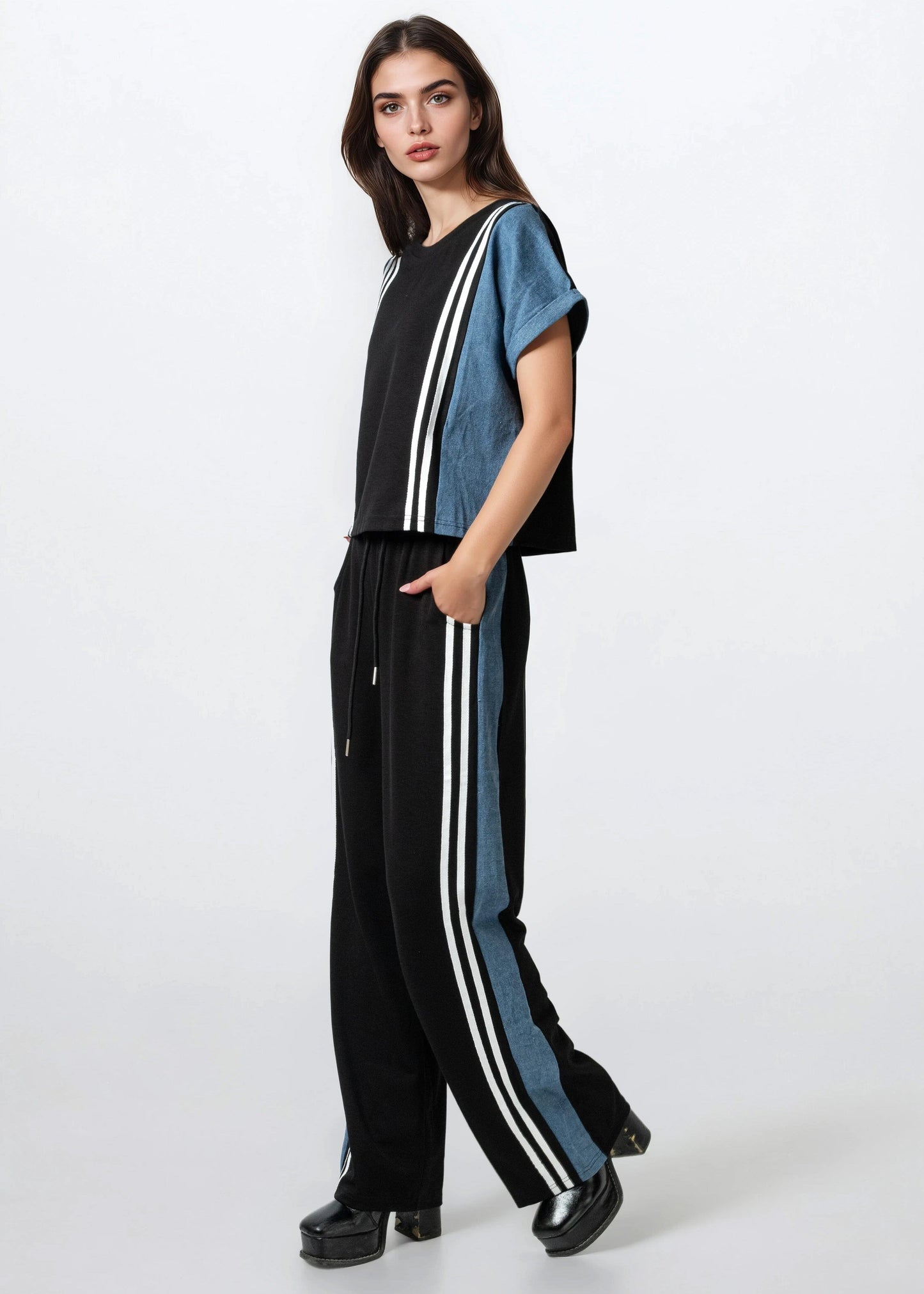 Denim Contrast Stripe Athleisure Set