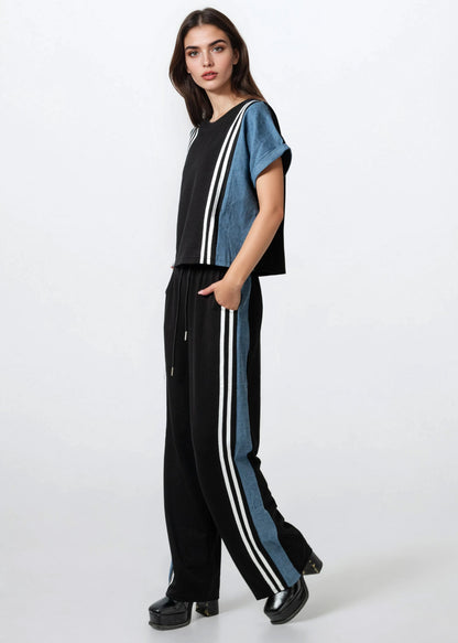 Denim Contrast Stripe Athleisure Set