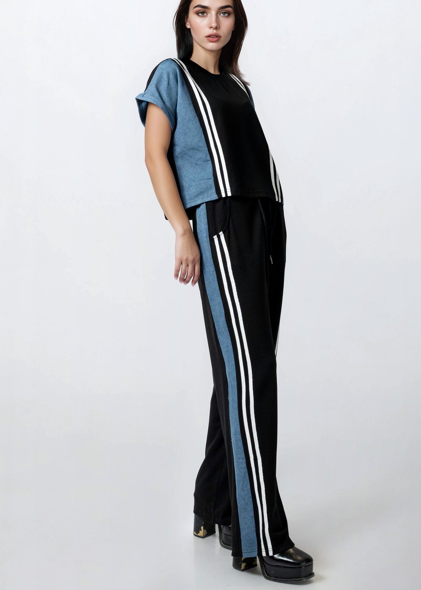 Denim Contrast Stripe Athleisure Set