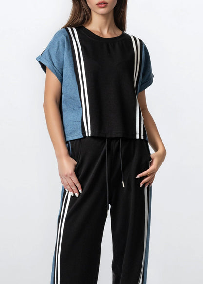 Denim Contrast Stripe Athleisure Set
