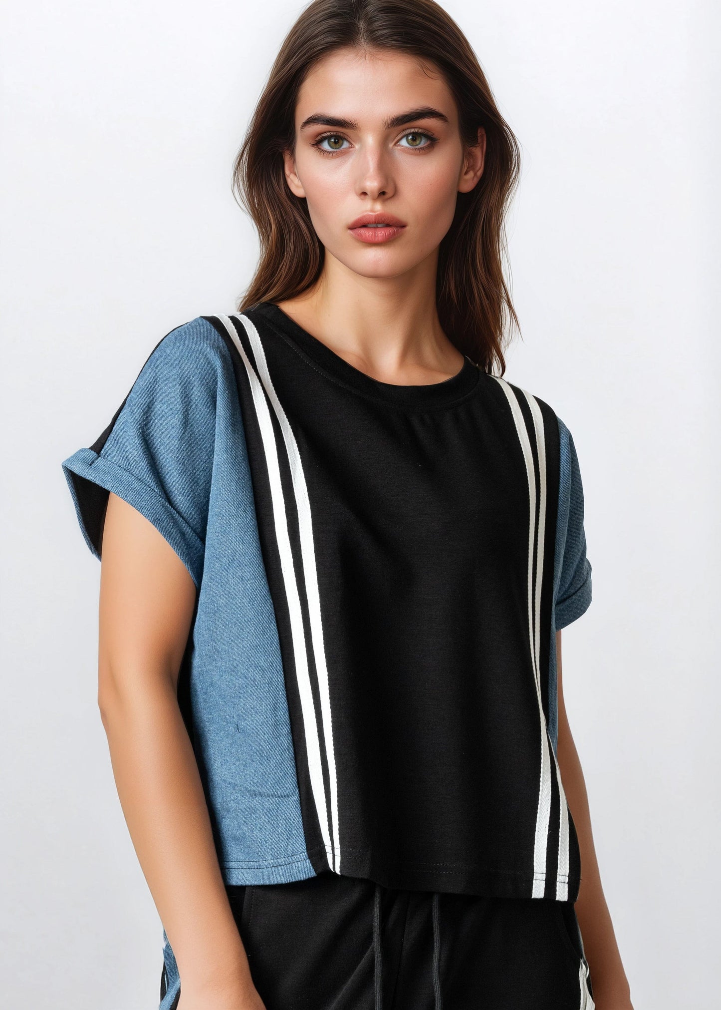 Denim Contrast Stripe Athleisure Set