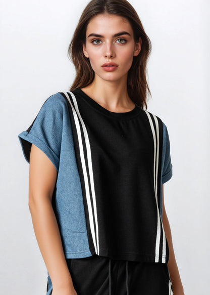 Denim Contrast Stripe Athleisure Set