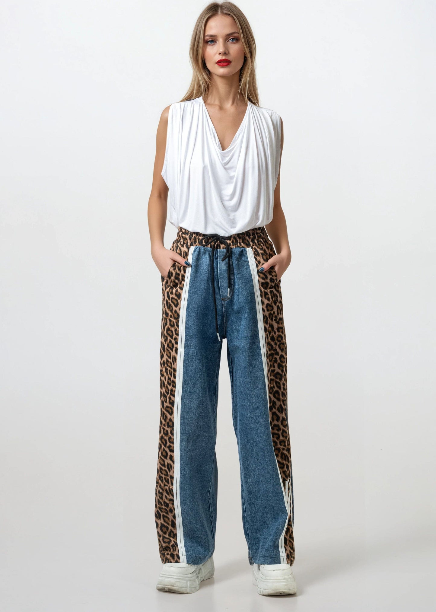 Denim + Leopard Print Athleisure Pant