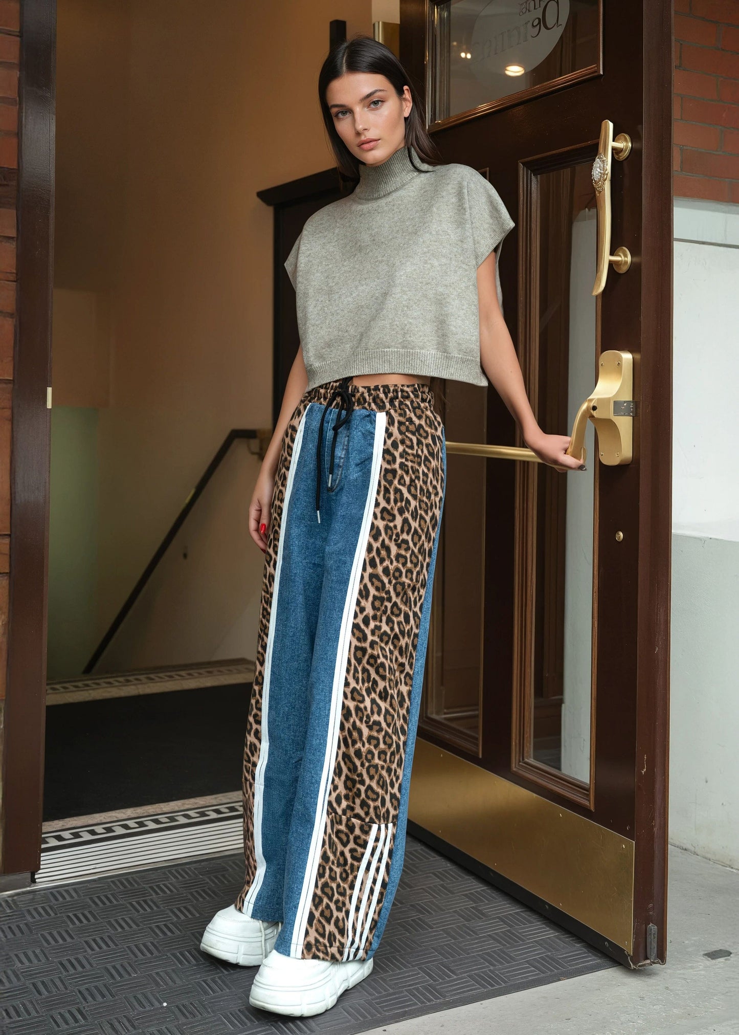 Denim + Leopard Print Athleisure Pant