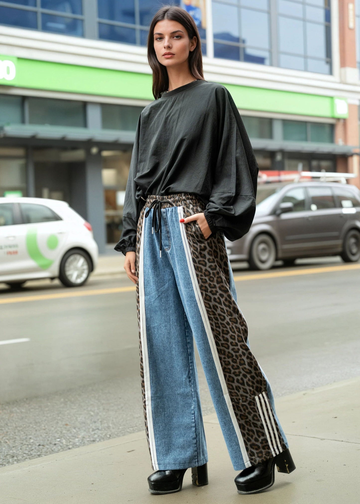 Denim + Leopard Print Athleisure Pant